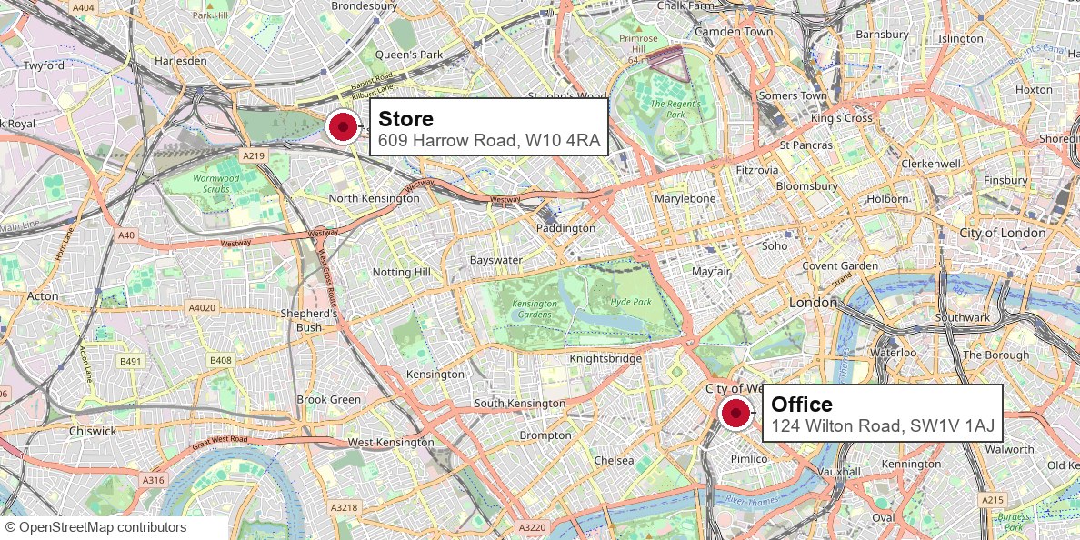 Map of H&M Group locations - Office at 124 Wilton Road, SW1V 1AJ and Store at 609 Harrow Road, W10 4RA