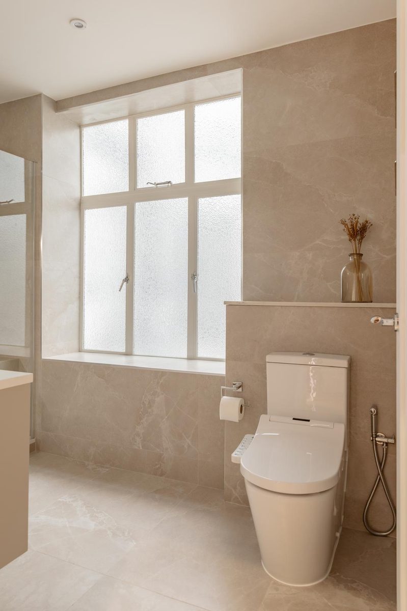Smart toilet beside a frosted sash window